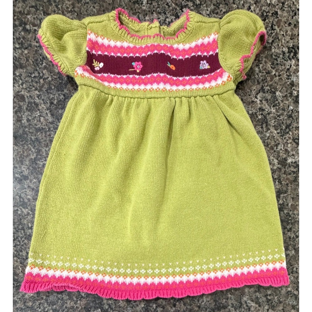 Gymboree Girls Lime Green Knit‎ Floral Fair Isle Sweater Dress 12-18 Months